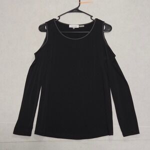Calvin Klein Womens Black Cold Shoulder Long Sleeve Top Faux Leather Trim M